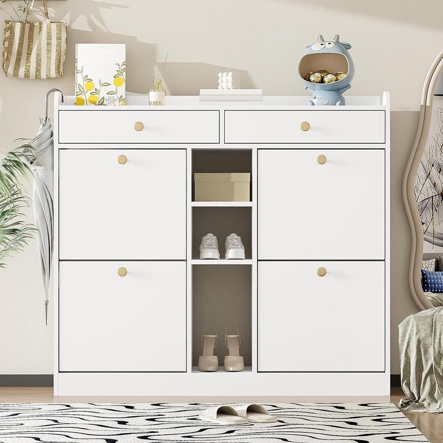 Pugsdrly Elegante witte schoenenkast met 4 klapdeuren 2 lades 3 open vakken perfect voor moderne gangen en entrees afmetingen 110 x 26 x 100 cm