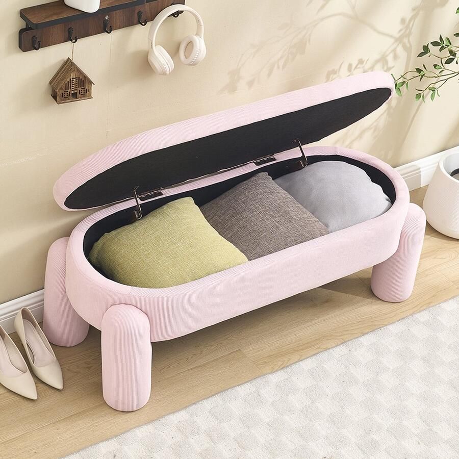 BLACKCOLORS Elegante en moderne opbergbank voor slaapkamer garderobe hal en woonkamer met opbergruimte hoogwaardige chenille stof met massief houten frame antislipbank (kleur roze)