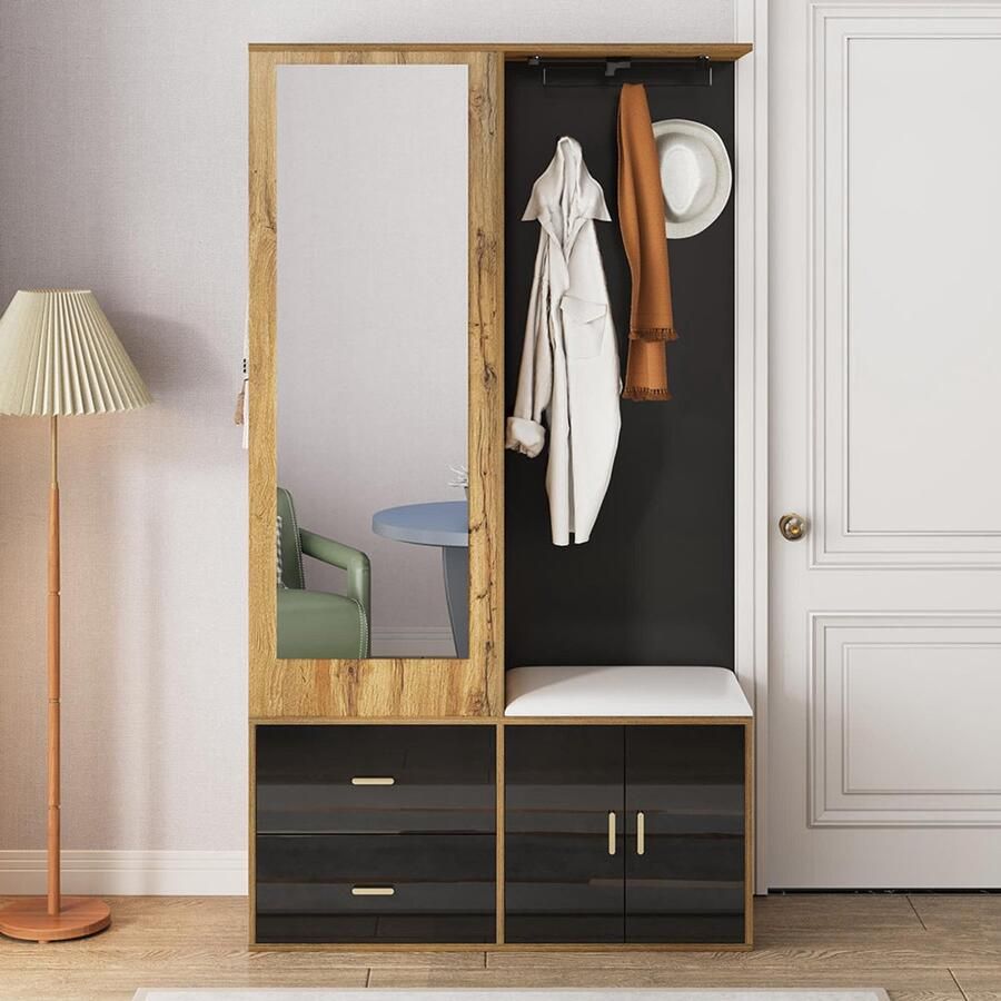 Pugsdrly Elegante opbergset in zwart en houtkleur met spiegel schoenenkast schoenenbank met haken en uitschuifbare kleerhangers
