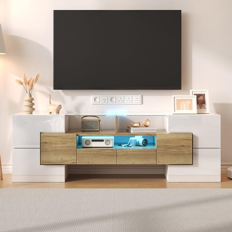 BLACKCOLORS Elegante tv-meubel glanzend wit laag meubel 145 cm led-verlichting modern design woonkamermeubel elegant glazen oppervlak