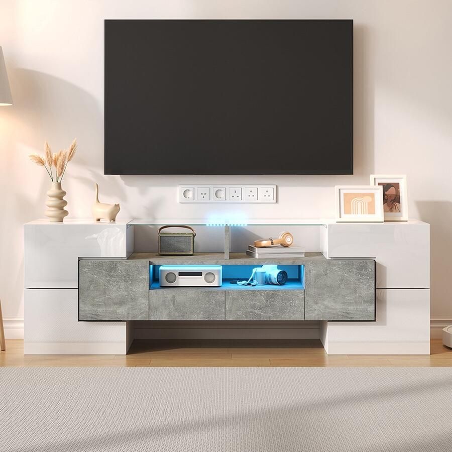 BLACKCOLORS Elegante tv-meubel glanzend wit onderkastje 145 cm ledverlichting moderne design woonkamermeubel elegant glazen oppervlak