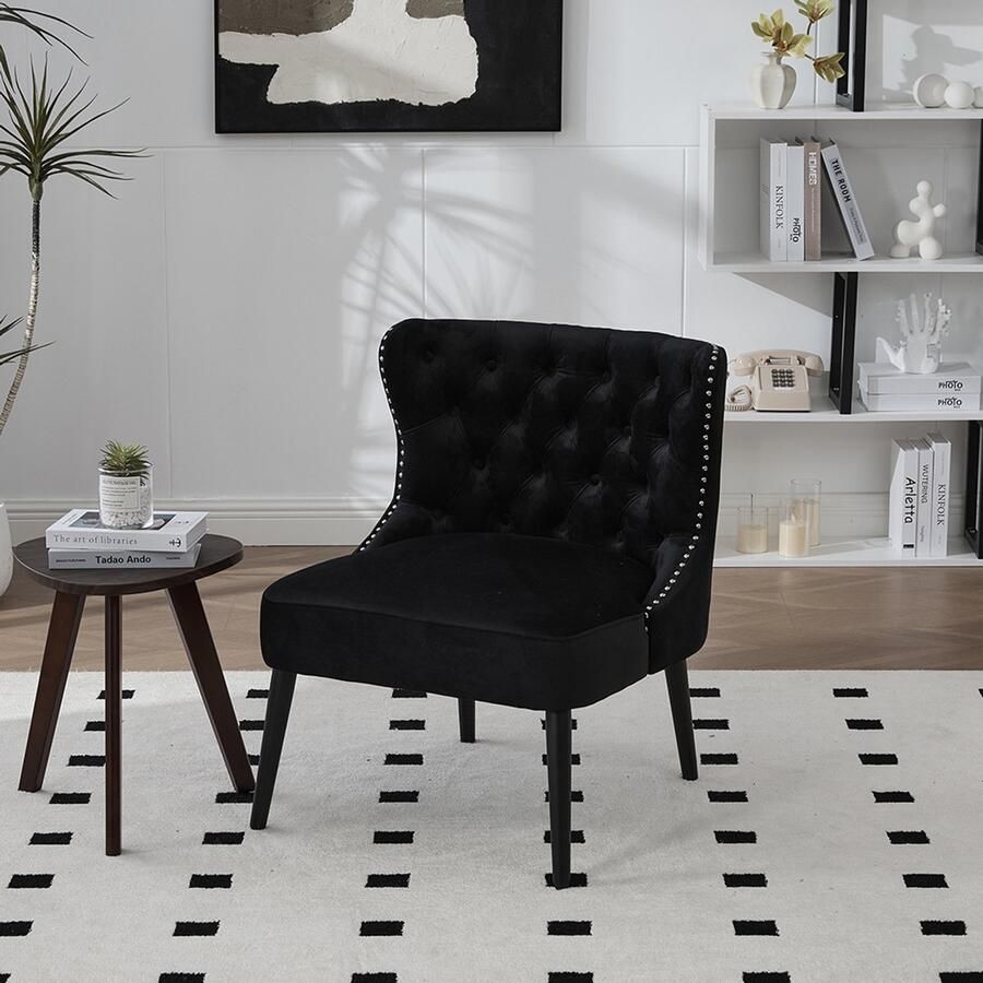 Pugsdrly Enkele fauteuil van fluweel met knopen modern ontwerp zonder armleuningen met spijkerrand en massief houten poten voor woonkamer slaapkamer