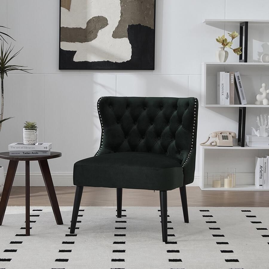 BLACKCOLORS Enkele fauteuil van fluweel met knopen modern ontwerp zonder armleuningen met spijkerrand en massief houten poten voor woonkamer slaapkamer