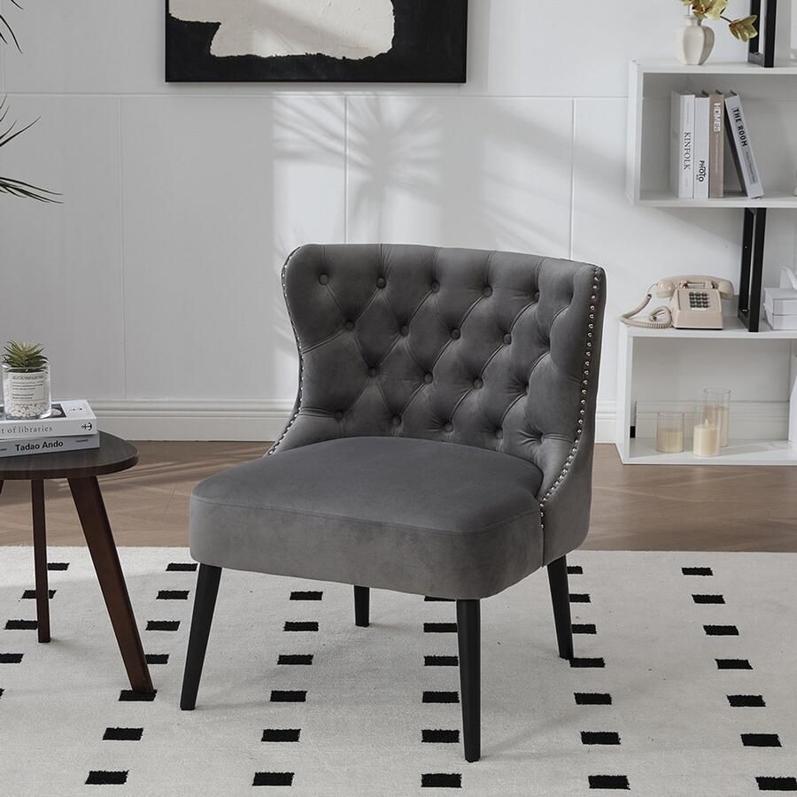 Pugsdrly Enkele fauteuil in fluweel met knopen modern ontwerp zonder armleuningen met spijkerrand en massief houten poten voor woonkamer slaapkamer