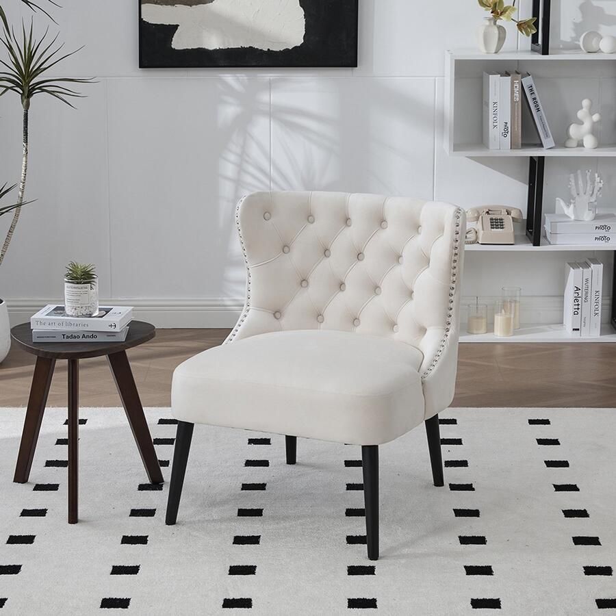 Pugsdrly Enkele fauteuil in fluweel met knopen modern ontwerp zonder armleuningen met gespijkerde rand en massief houten poten voor woonkamer of slaapkamer