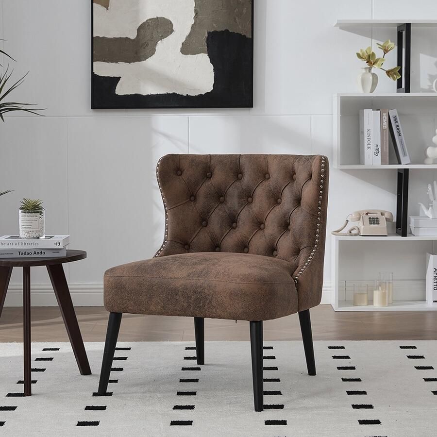 Pugsdrly Enkele fauteuil van technisch textiel met knopen modern ontwerp zonder armleuningen met spijkerrand en massief houten poten voor woonkamer slaapkamer