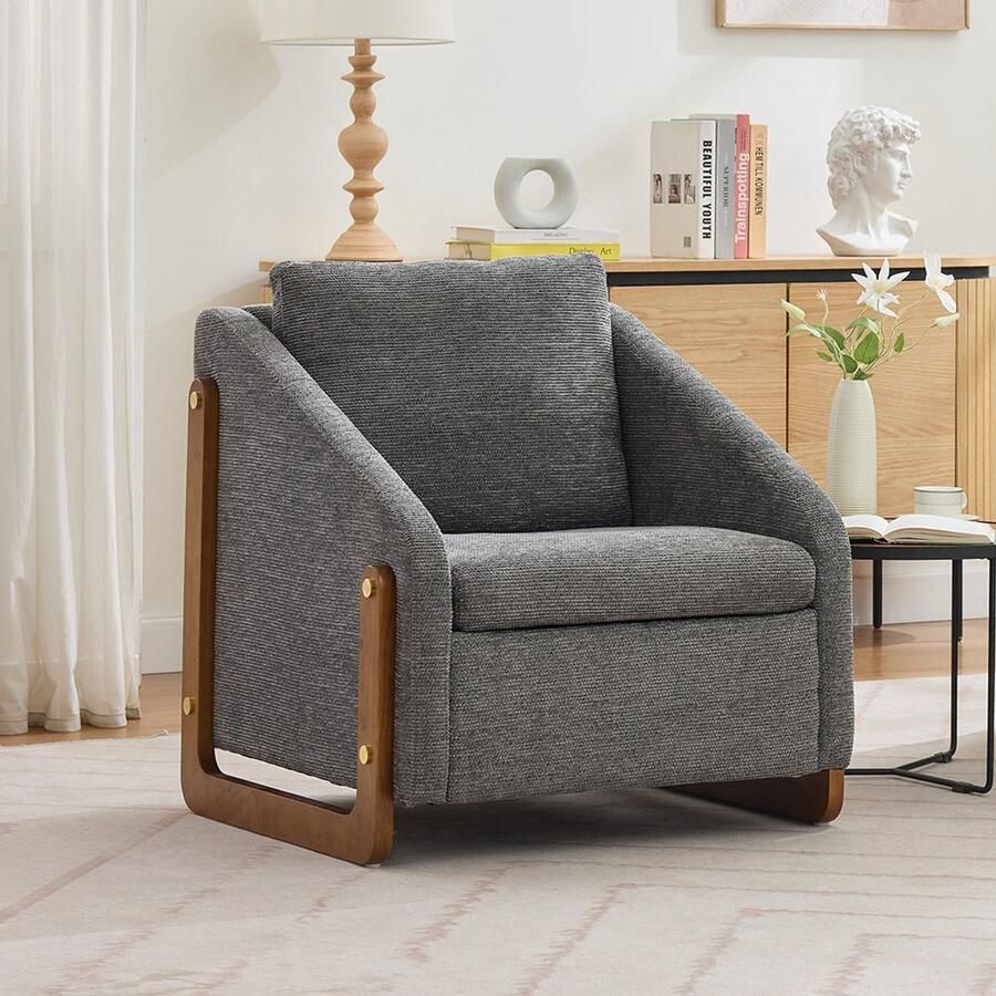 BLACKCOLORS Fauteuil bijzetstoel voor de woonkamer loungestoel moderne stoel met houten armleuningen met rugkussen grijze chenille stof 73 5*73 5 cm set van 1
