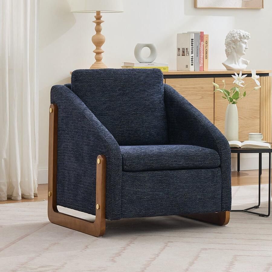 BLACKCOLORS Fauteuil bijzetstoel voor de woonkamer loungestoel moderne stoel met houten armleuningen met rugkussen blauwe chenillestof 73 5*73 5 cm set van 1