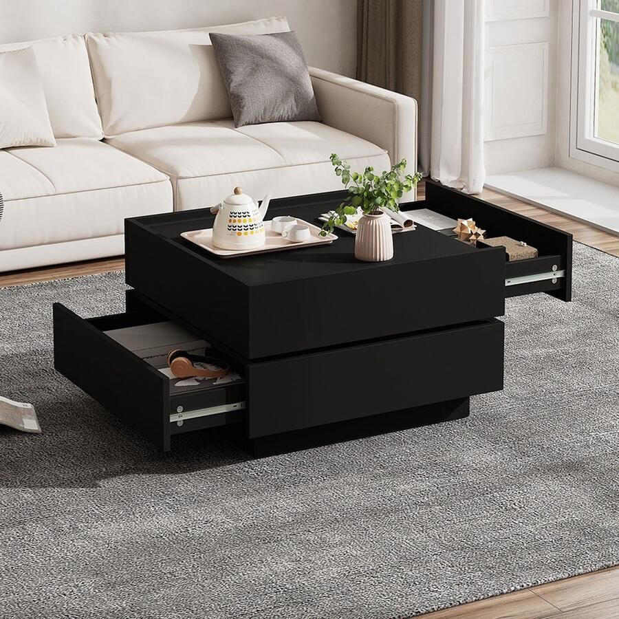 KOMHTOM Salontafels Functionele salontafel voor de woonkamer 360° draaibaar blad met 2 legplanken en opbergruimte zwart onderstel 60*60*38 cm