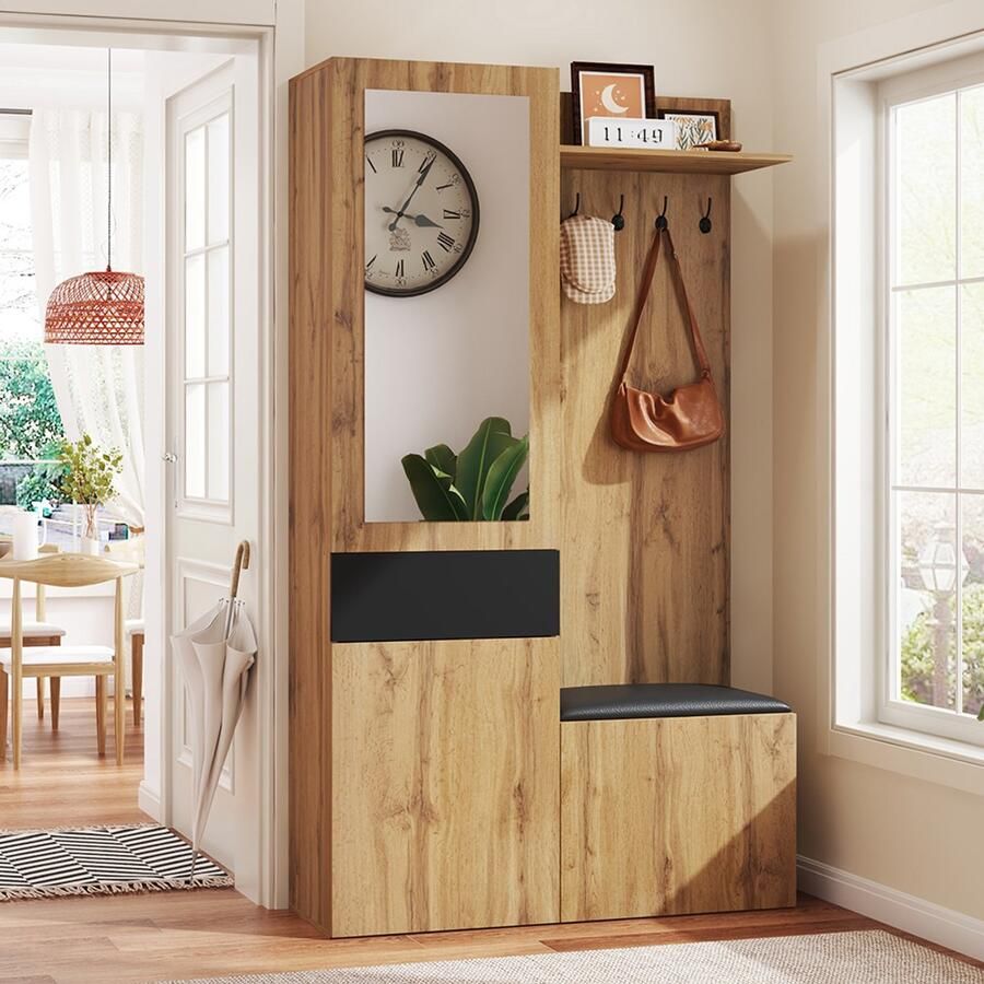 BLACKCOLORS Garderobeset met 5 hakhaken spiegel schoenenkast inbouwkast met bovenplanken lades opbergvakken bovenin gangbankje