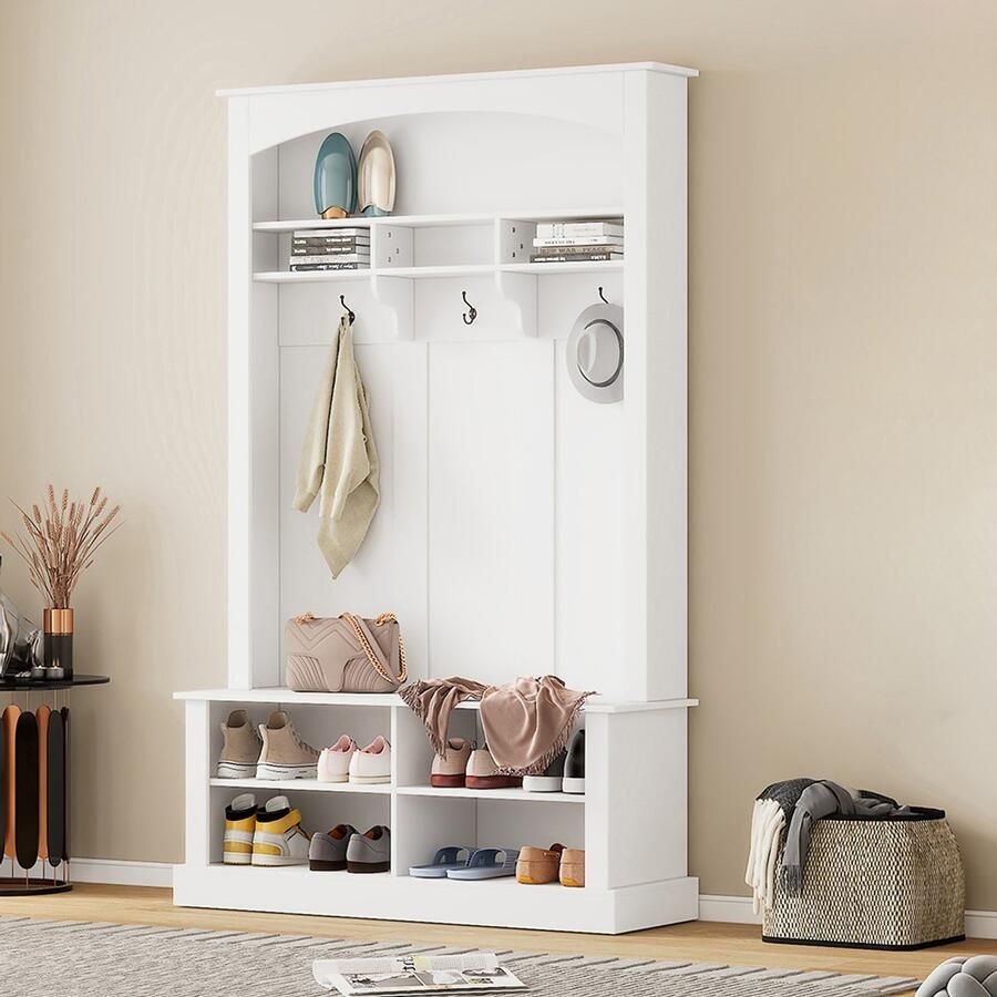 BLACKCOLORS Garderobeset met bank en schoenenrek multifunctionele opbergbank met 3 hangende haken en open opbergruimte rechthoekige opbergruimte en planken garderobe voor de gang wit H190 L120 P40 cm