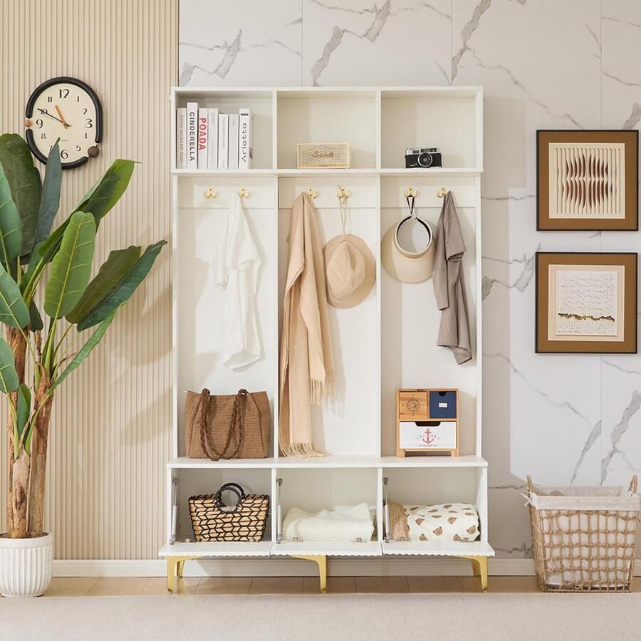 BLACKCOLORS Garderobeset met bank multifunctionele opbergbank open opbergruimte 6 haken en gouden poten geschikt voor de gang of woonkamer wit L120 P235 H1915CM
