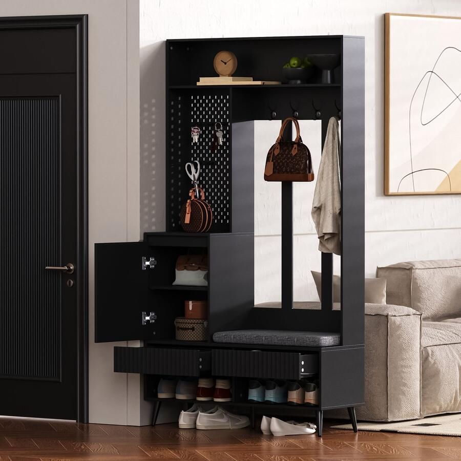 BLACKCOLORS Garderobeset wandgarderobe halgarderobe Set met schoenenbank garderobeset met 4 kledinghaken twee lades en 1 deur zwart 100 Lx35Bx180H cm