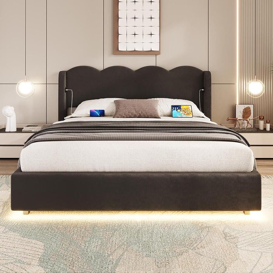 Pugsdrly Gestoffeerd bedframe golvend plat bedframe geschikt voor een tweepersoonsbed met ledverlichting USB+C-interface voor opladen en grote opbergruimte fluweel (zwart 160 cm × 200 cm)