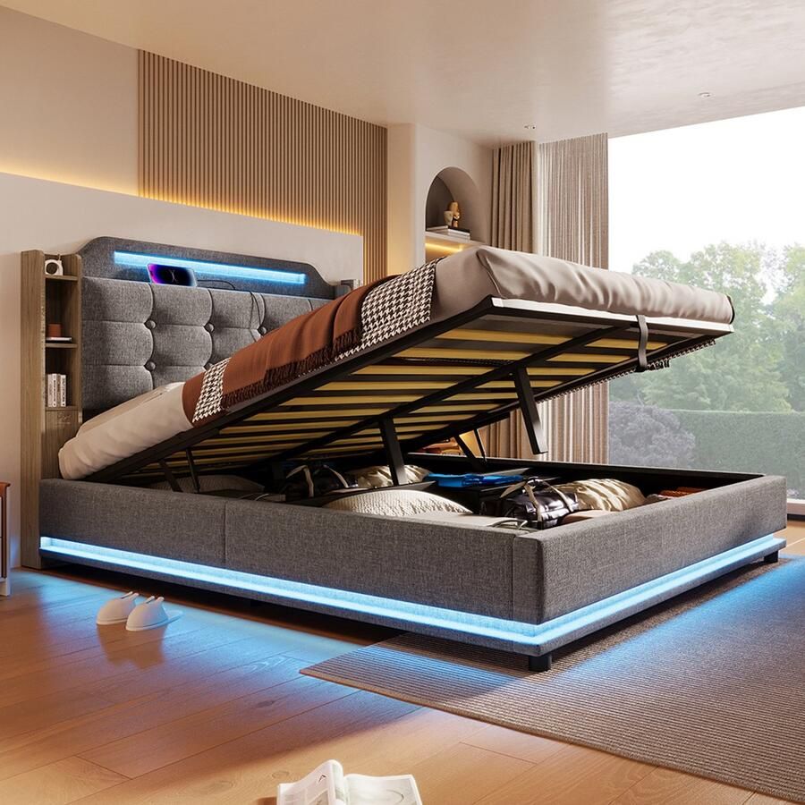 BLACKCOLORS Gestoffeerd bed 140*200 cm met ledstrip hydraulische opbergruimte meerdere opbergvakken zonder matras USB + TYPE-C lakens grijs