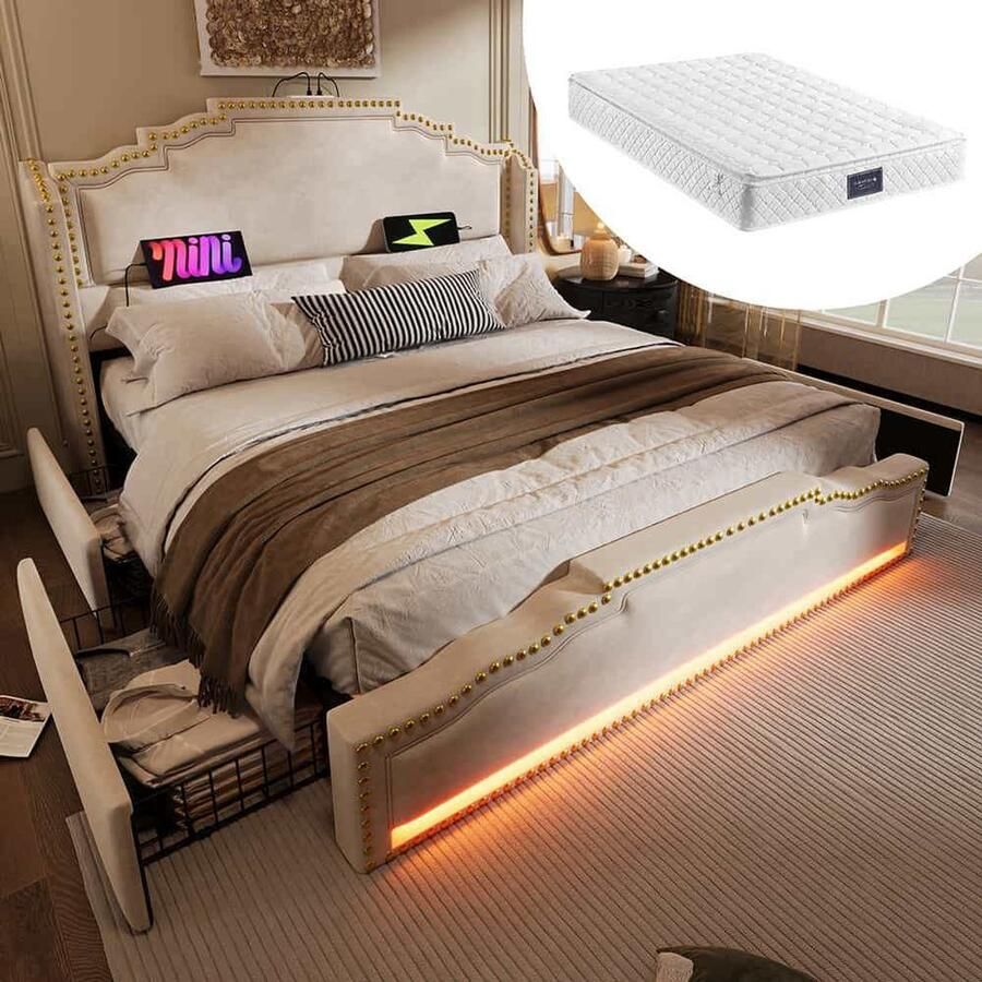 BLACKCOLORS Gestoffeerd bed 140×200 tweepersoonsbed met 4 lades ledverlichting en USB-C-oplaadpoort bed met opbergruimte en tienerbed met lattenbodem fluweel beige met matras