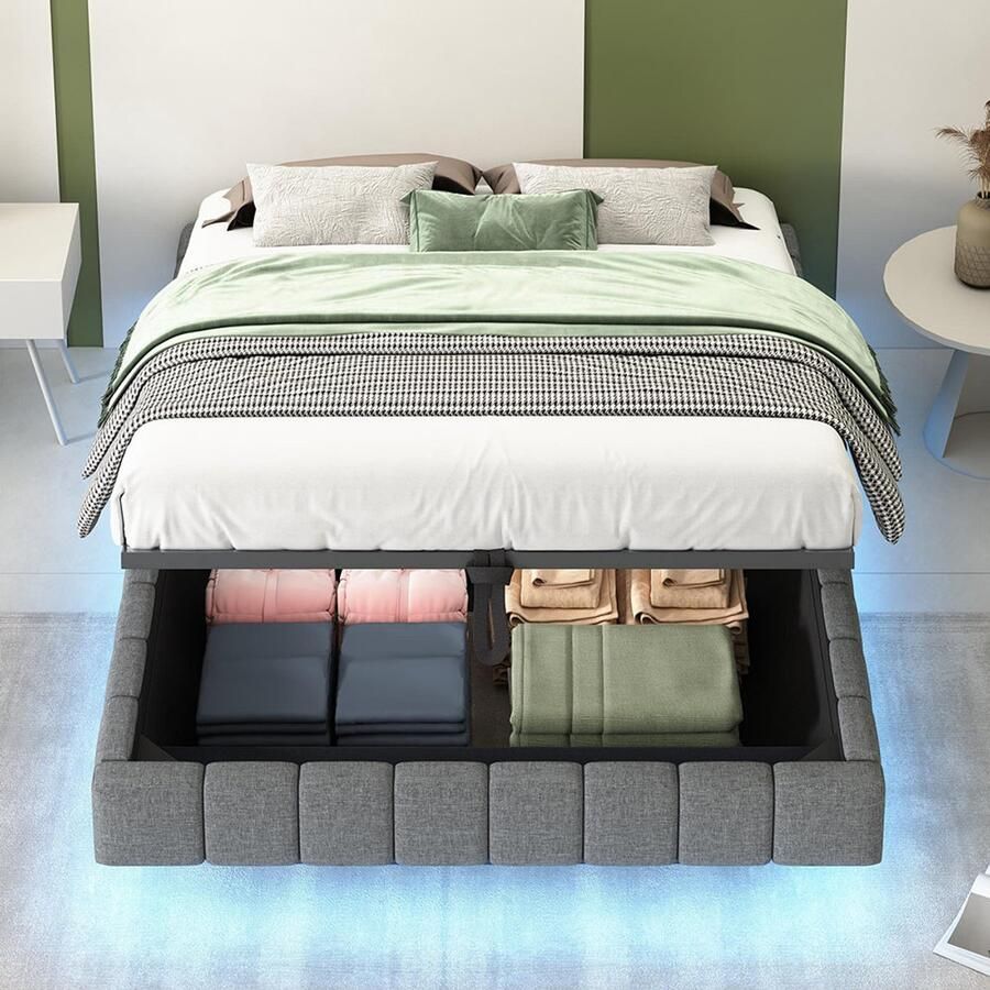 BLACKCOLORS Gestoffeerd bed 140x200 cm hydraulisch zwevend bedframe met opbergruimte multifunctioneel gestoffeerd bed zonder hoofdeinde met ledverlichting grijs linnen