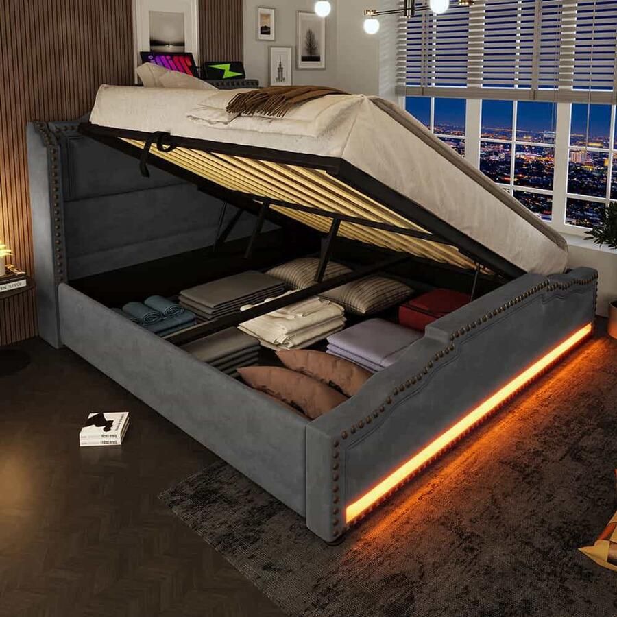 Pugsdrly Gestoffeerd bed 140x200 tweepersoonsbed met hydraulische opbergruimte ledverlichting en USB-C-oplaadpoort bed met opbergruimte en bed voor tieners met lattenbodem fluweel grijs zonder matras
