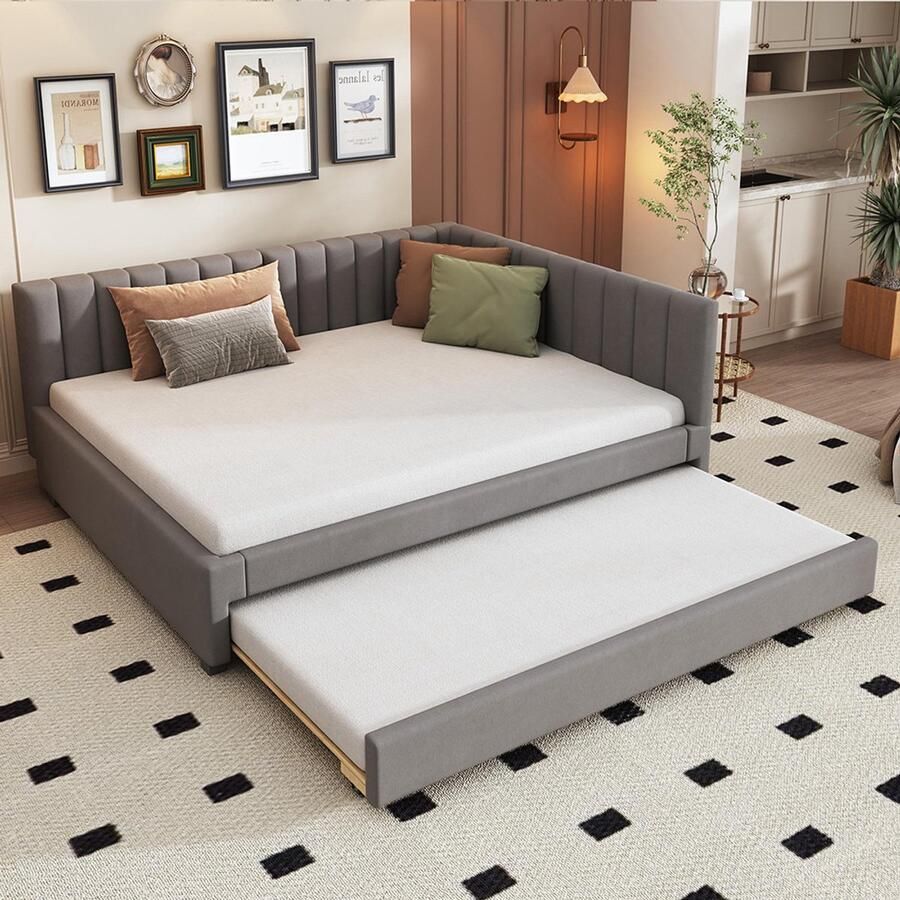 BLACKCOLORS Gestoffeerd bed 140x200 uitschuifbare slaapbank multifunctioneel bed met lattenbodem bedden voor tieners bedden voor kinderen extra bedden fluweelstof grijs