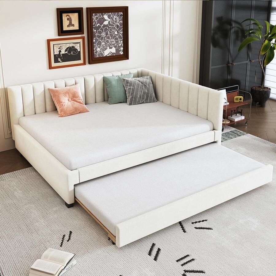 BLACKCOLORS Gestoffeerd bed 140x200 uitschuifbare slaapbank multifunctioneel bed met lattenbodem bedden voor tieners bedden voor kinderen extra bedden fluweelstof beige