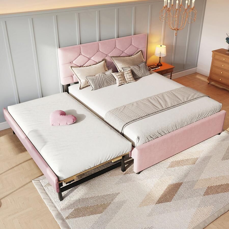 BLACKCOLORS Gestoffeerd bed 140x200cm bed met lattenbodem (zonder matras) bed met lade op wieltjes fluweel minimalistisch roze