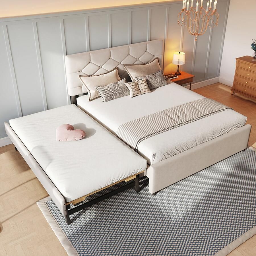 BLACKCOLORS Gestoffeerd bed 140x200cm bed met lattenbodem (zonder matras) bed met lade op wieltjes fluweel minimalistisch beige