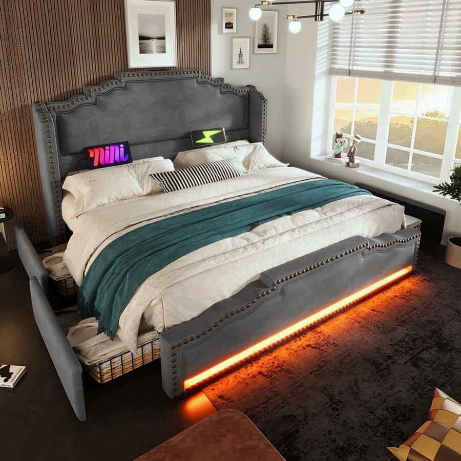 BLACKCOLORS Gestoffeerd bed 160×200 tweepersoonsbed met 4 lades ledverlichting en USB-C-oplaadpoort bed met opbergruimte en tienerbed met lattenbodem fluweel grijs zonder matras