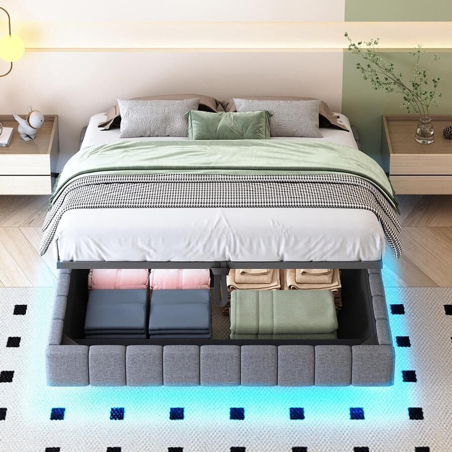 BLACKCOLORS Gestoffeerd bed 160x200 cm hydraulisch lattenbodem met opbergruimte multifunctioneel gestoffeerd bed zonder hoofdeinde met ledverlichting grijs linnen
