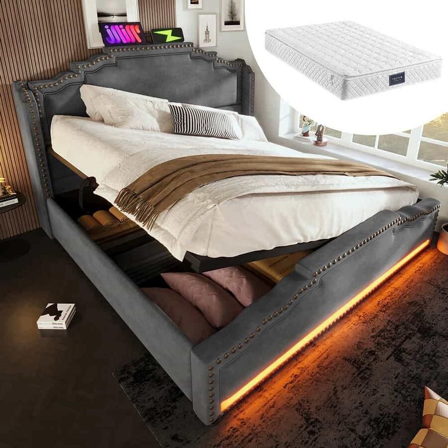 Pugsdrly Gestoffeerd bed 160x200 tweepersoonsbed met hydraulische opbergruimte ledverlichting en USB-C-oplaadpoort bed met opbergruimte en tienerbed met lattenbodem fluweel grijs inclusief matras