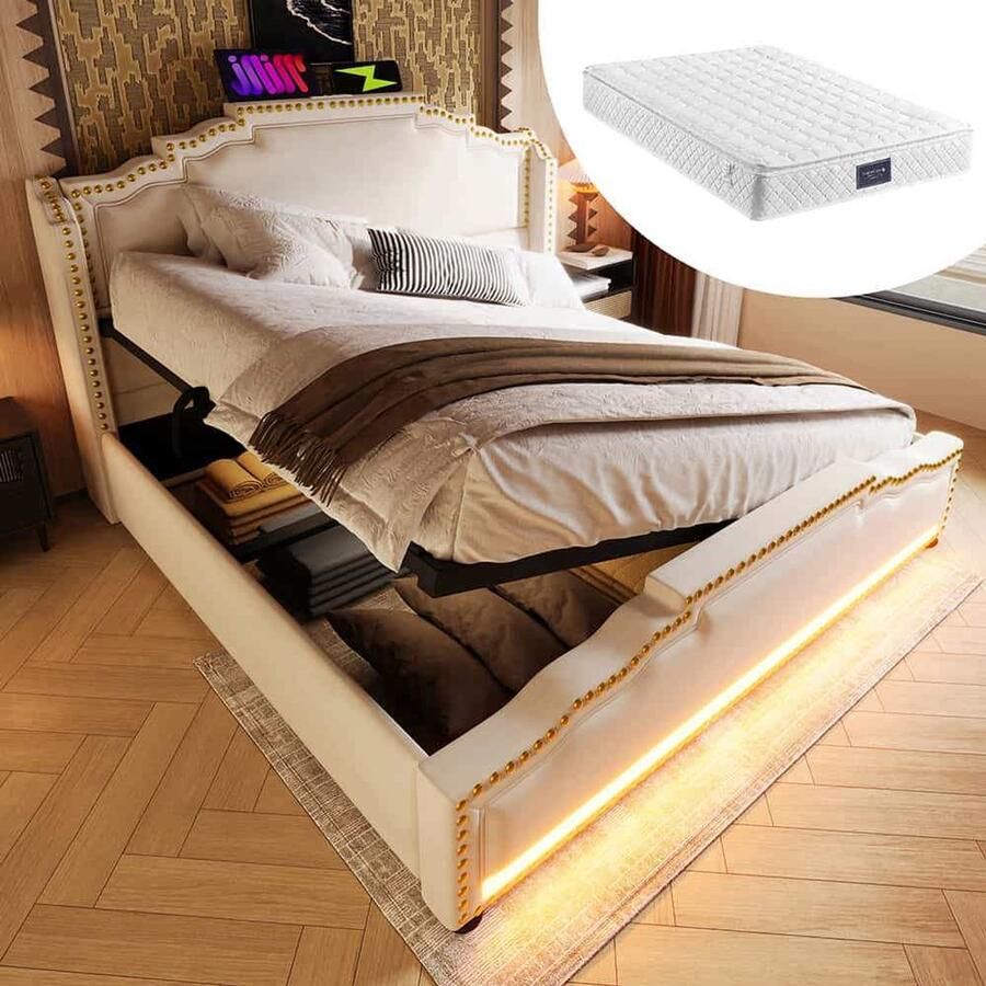 Pugsdrly Gestoffeerd bed 160x200 tweepersoonsbed met hydraulische opbergruimte ledverlichting en USB-C-oplaadpoort bed met opbergruimte en bed voor tieners met lattenbodem fluweel beige inclusief matras