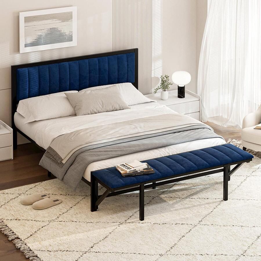 Pugsdrly Gestoffeerd bed 140x200cm met opklapbare bank multifunctioneel bed met opbergruimte en organisatie ijzeren bedframe bed voor tieners bed voor volwassenen tweepersoonsbed fluweel blauw