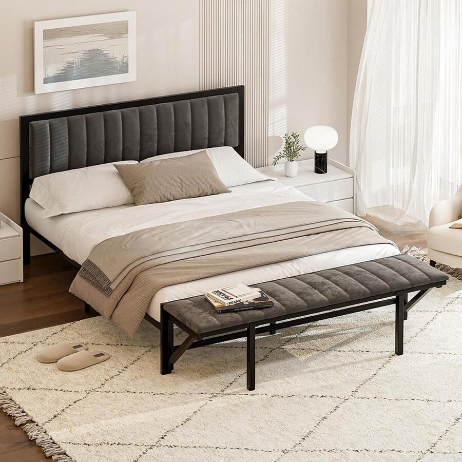 Pugsdrly Gestoffeerd bed 140x200cm met opklapbare bank multifunctioneel bed met opbergruimte en organisatie ijzeren bedframe bed voor tieners bed voor volwassenen tweepersoonsbed fluweel donkergrijs