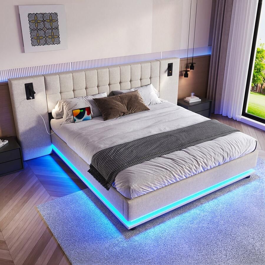 Pugsdrly Gestoffeerd bed 180*200 cm met ledstrip hoofdeinde met spot met USB zonder matras linnen beige