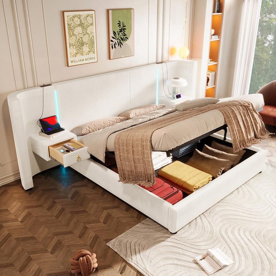 Pugsdrly Gestoffeerd bed 180*200 cm met ledstrip hydraulische opbergruimte 2 lades zonder matras USB + TYPE-C fluweel beige