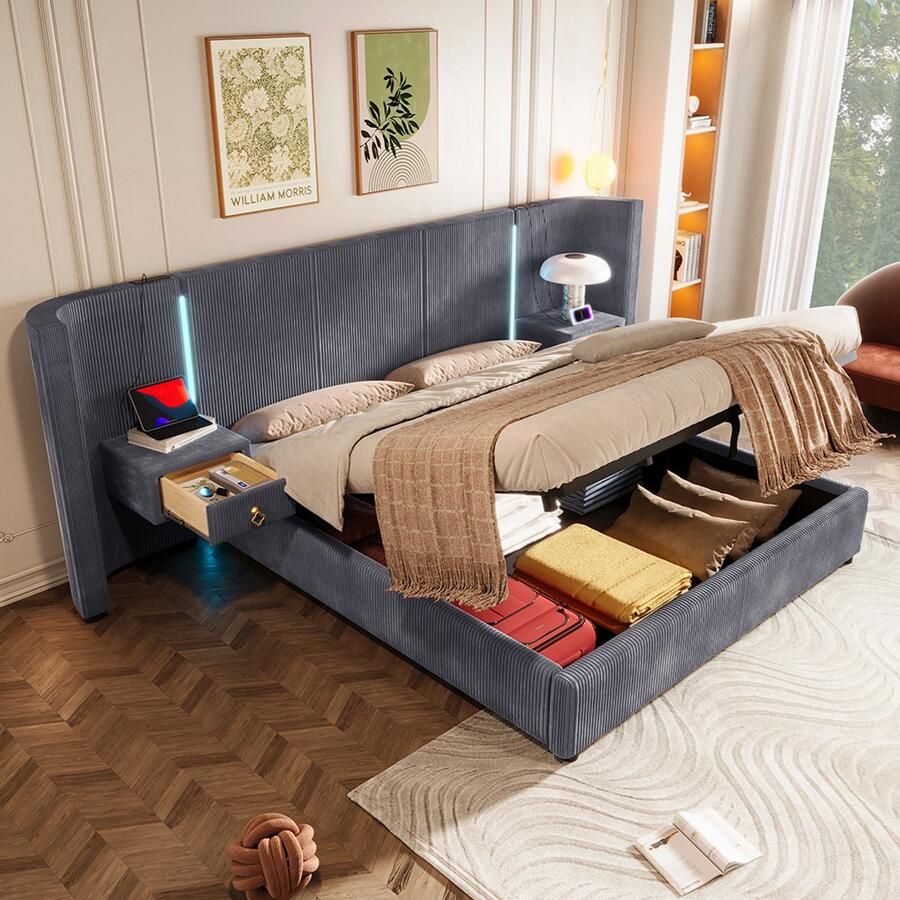 Pugsdrly Gestoffeerd bed 180*200 cm met ledstrip hydraulische opbergruimte 2 lades zonder matras USB + TYPE-C fluweel grijs