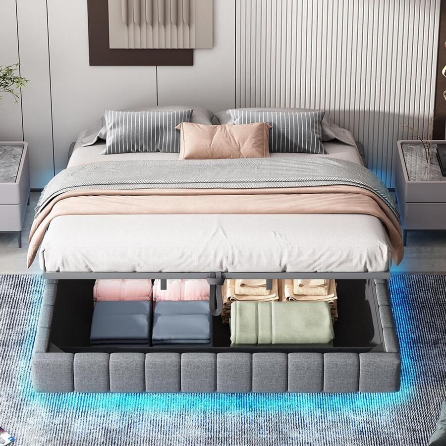 BLACKCOLORS Gestoffeerd bed 180x200 cm hydraulisch lattenbodem met opbergruimte multifunctioneel gestoffeerd bed zonder hoofdeinde met ledverlichting grijs linnen