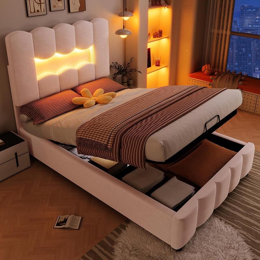 Pugsdrly Gestoffeerd bed 90 x 200 cm zonder matras ledverlichting met hydraulisch systeem verstelbaar hoofdeinde fluweel roze