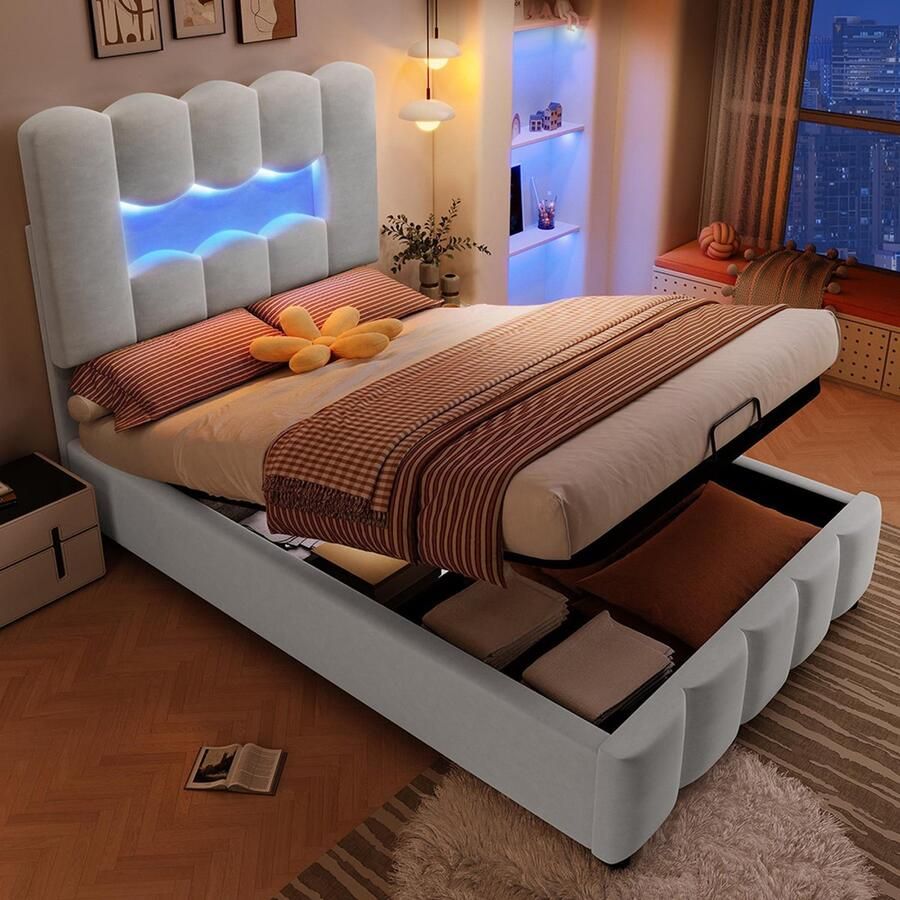 Pugsdrly Gestoffeerd bed 90 x 200 cm zonder matras ledverlichting met hydraulisch systeem verstelbaar hoofdeinde fluweel grijs