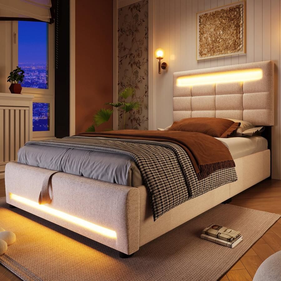 BLACKCOLORS Gestoffeerd bed 90*200 cm APP-afstandsbediening sfeerverlichtingsstrip onder het bed hydraulische vering zonder matras met USB-aansluiting linnen beige