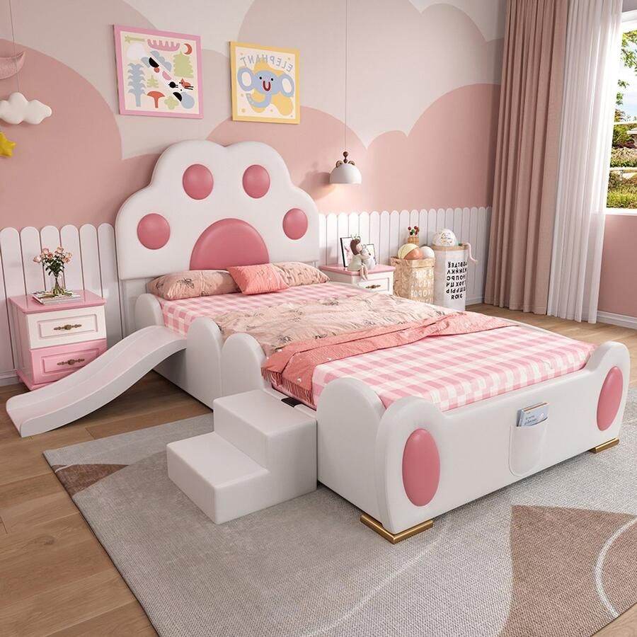 BLACKCOLORS Gestoffeerd bed eenpersoonsbed kinderbed hoofdeinde in de vorm van een cartoonkattenpoot met glijbaan voor kinderen en ladder met twee treden PU-oppervlak wit + roze 90 x 200 cm