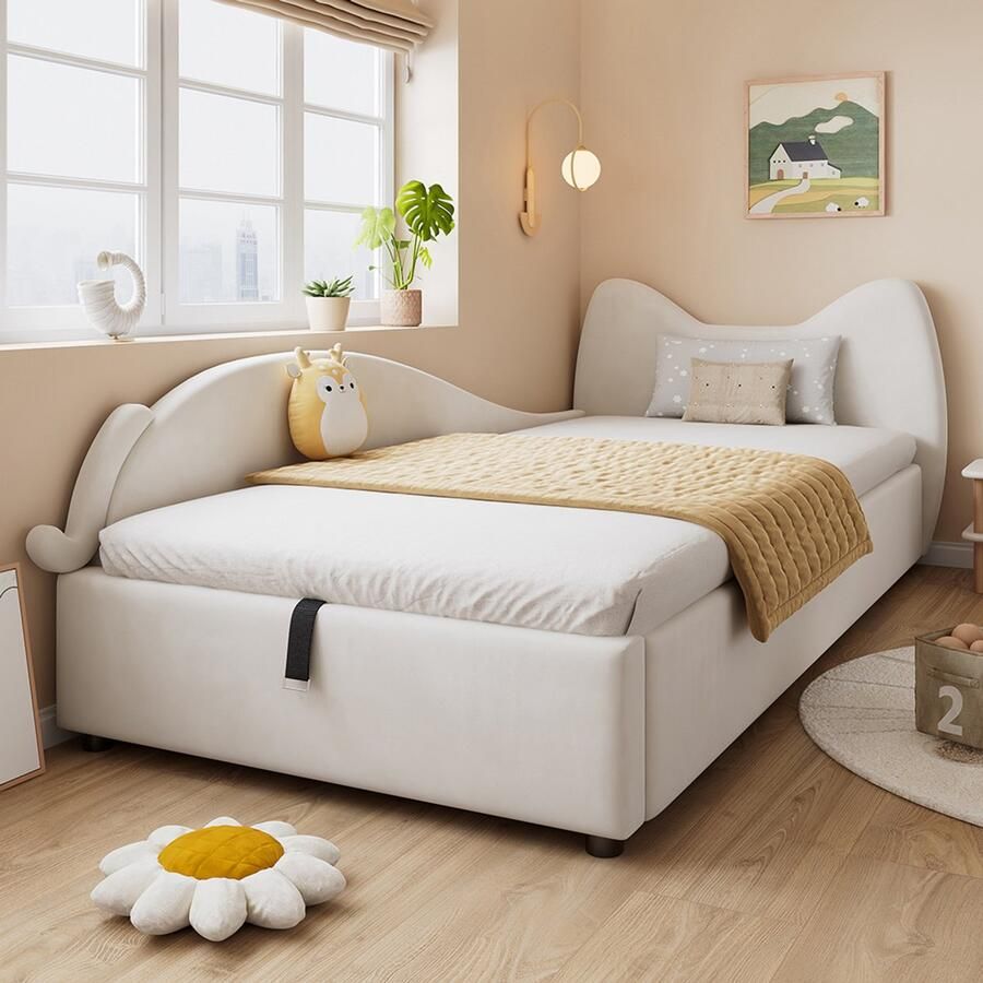 BLACKCOLORS Gestoffeerd bed eenpersoonsbed kinderbed leuk kattenmotief hydraulisch bed met opbergruimte en handgrepen stabiele lattenbodem zijpaneel links fluweel beige 90 x 200 cm