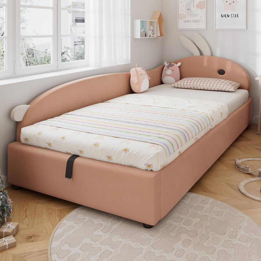 BLACKCOLORS Gestoffeerd bed eenpersoonsbed kinderbed mooi hoofdeinde in de vorm van een konijn hydraulisch bed met opbergruimte verhoogde zachte rand zijpaneel links fluweel roze + wit 90 x 200 cm