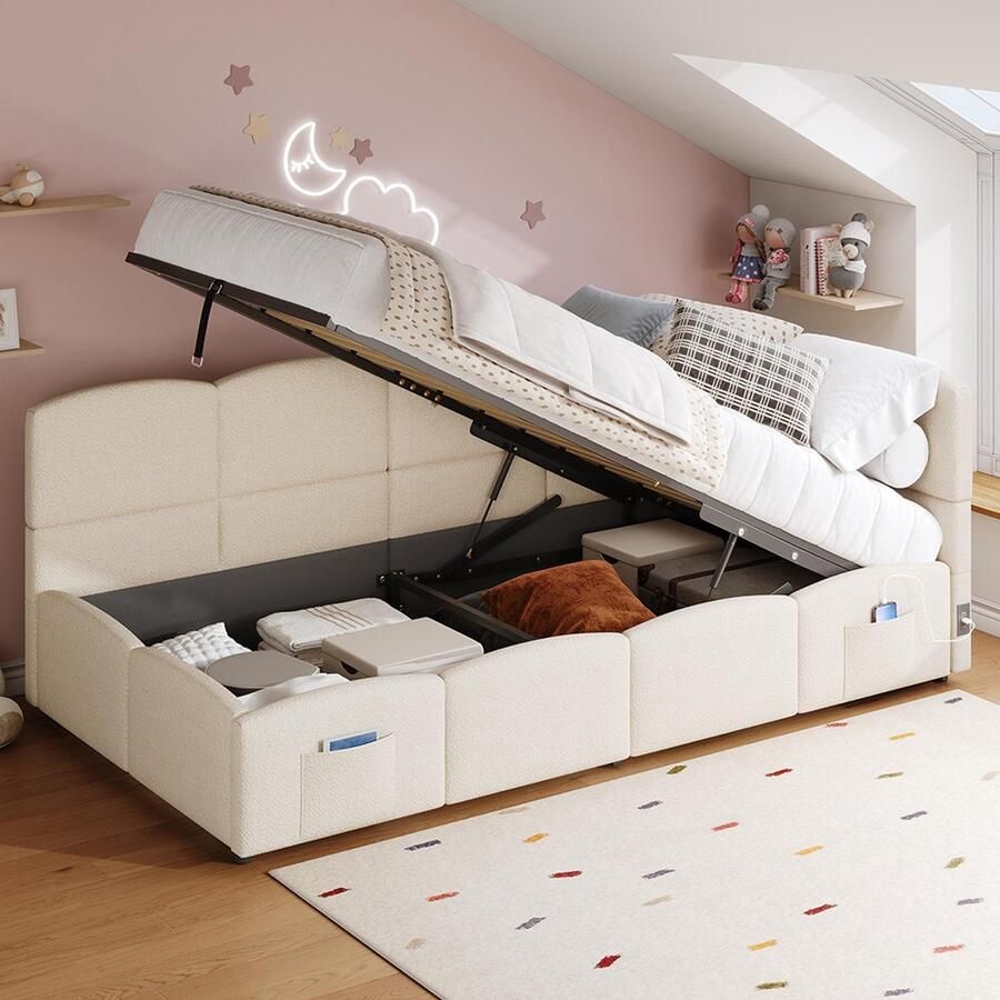Pugsdrly Gestoffeerd bed kinderbed eenpersoonsbed bed met opbergruimte slaapbank 90x200 cm met lattenbodem bouclé stof USB-oplader opbergzak bed voor tieners en bed voor volwassen kinderen beige (zonder matras)