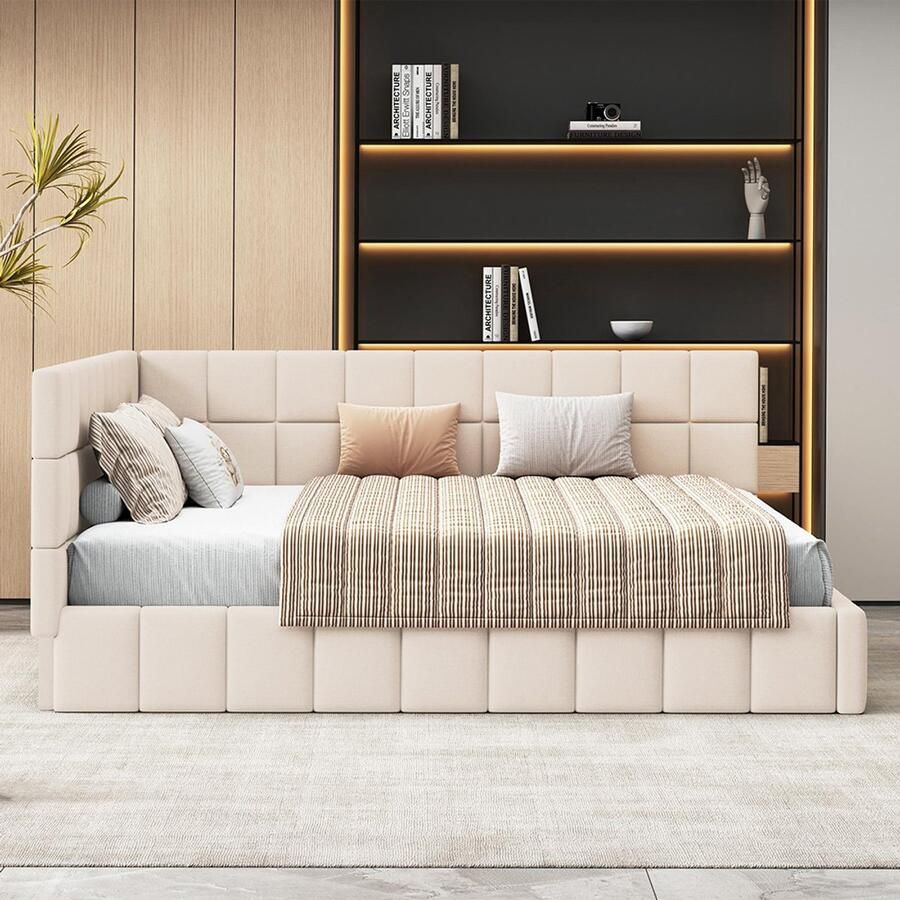 BLACKCOLORS Gestoffeerd bed Slaapbank 160x200 Multifunctioneel bed met lattenbodem huidvriendelijke beige fluwelen stof