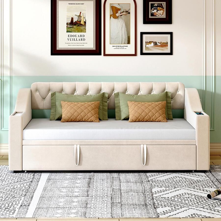 BLACKCOLORS Gestoffeerd bed Slaapbank 90 180x190 cm Bredere en dikkere armleuningen met USB-poort Opbergruimte geïntegreerd in de armleuningen Met opbergvakken Met lattenbodem Beige fluweel