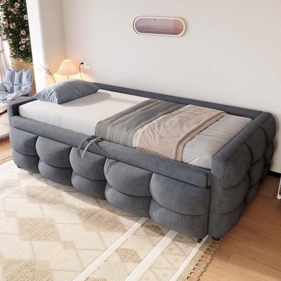 BLACKCOLORS Gestoffeerd bed Uitschuifbare slaapbank 90 180x190cm poef van teddyfluweel stoffen eenpersoonsbed tweepersoonsbed met lattenbodem multifunctioneel bed grijs