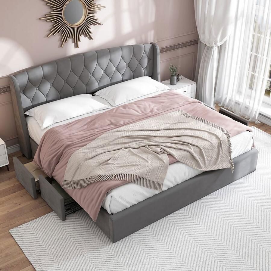 BLACKCOLORS Gestoffeerd bed van fluweel lades van stevig metaalgaas tweepersoonsbed met lattenbodem en 4 lades 180 x 200 cm zonder matras grijs