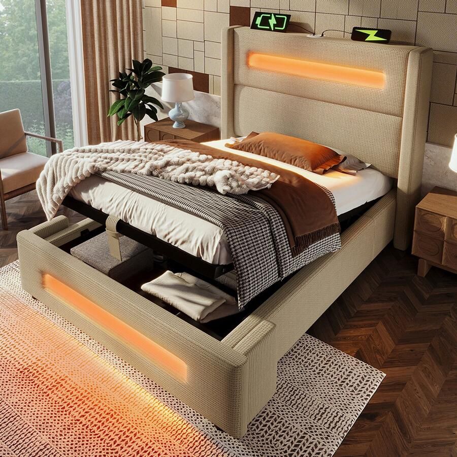 Pugsdrly Eenpersoonsbed met bekleding 90x200 cm bed voor tieners met LED bed met hydraulische opbergruimte en USB Type-C-oplader metalen bedframe met houten latten beige linnen zonder matras
