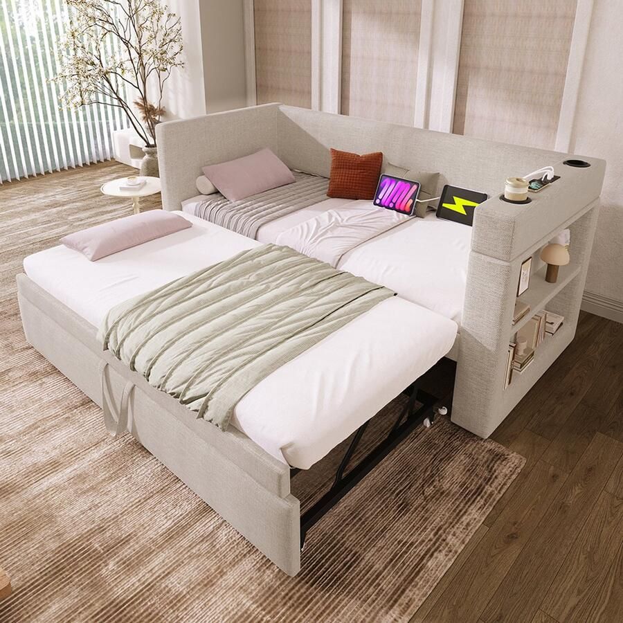 Pugsdrly Gepolsterde rustbank 90 x 190 cm eenpersoonsslaapbank met uitschuifbaar bed armleuningen met USB- en Type-C-aansluiting en bekerhouders gemengde linnenstof beige zonder matras