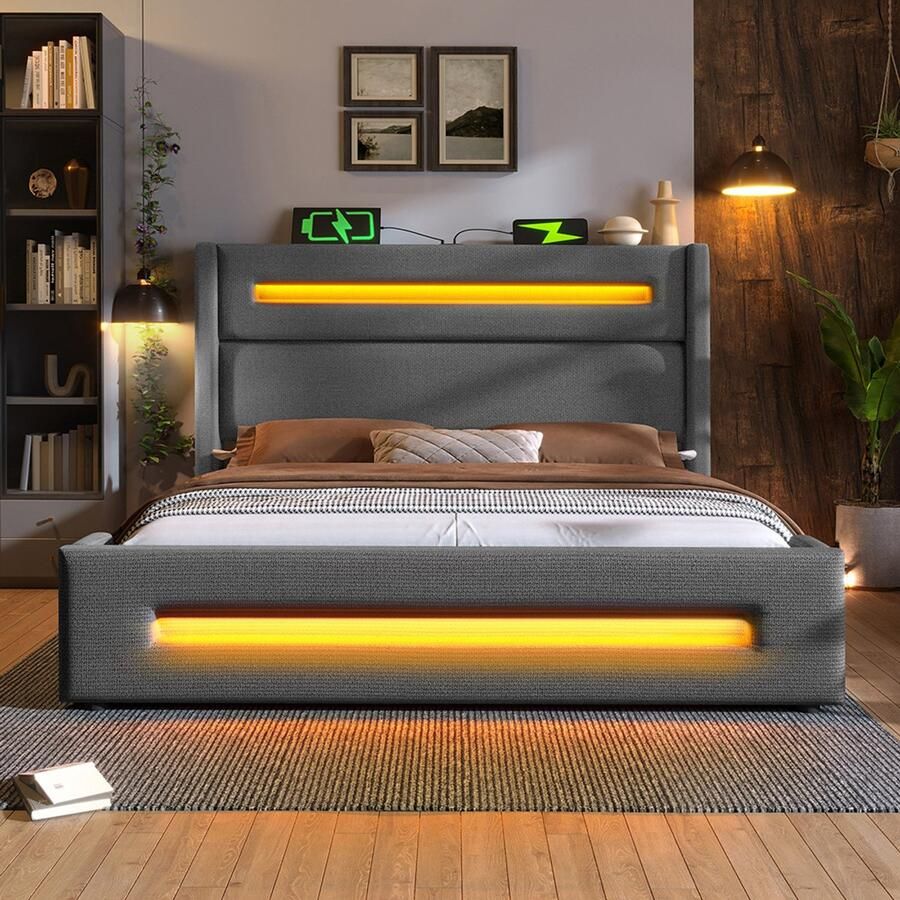 Pugsdrly Gestoffeerd tweepersoonsbed 160x200 cm tienerbed met ledverlichting bed met hydraulische opbergruimte en USB-oplader type C metalen bedframe met houten latten grijs linnen zonder matras